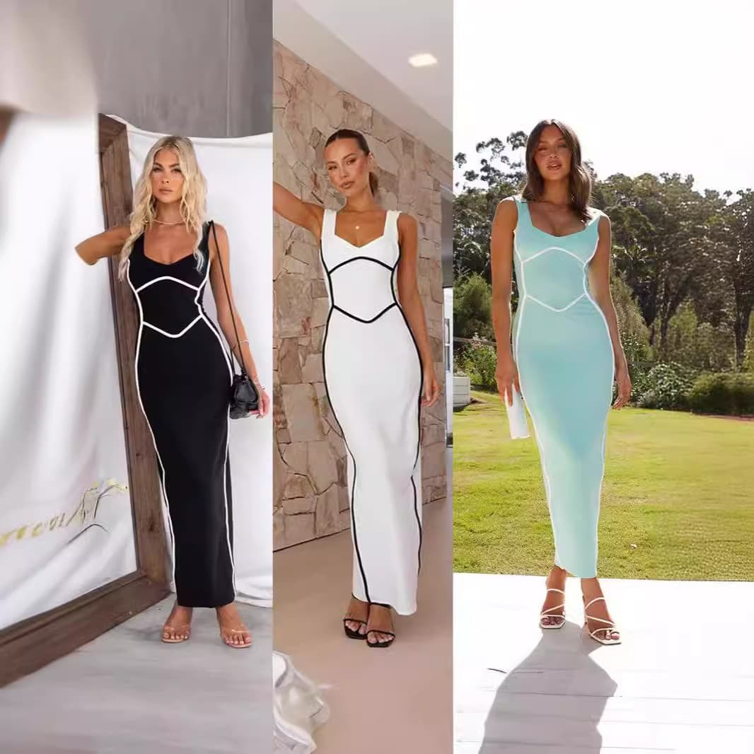 Women's Clothing Color Matching Dress Split A Line Vest Dress U Neck Pullover One Step Skirt