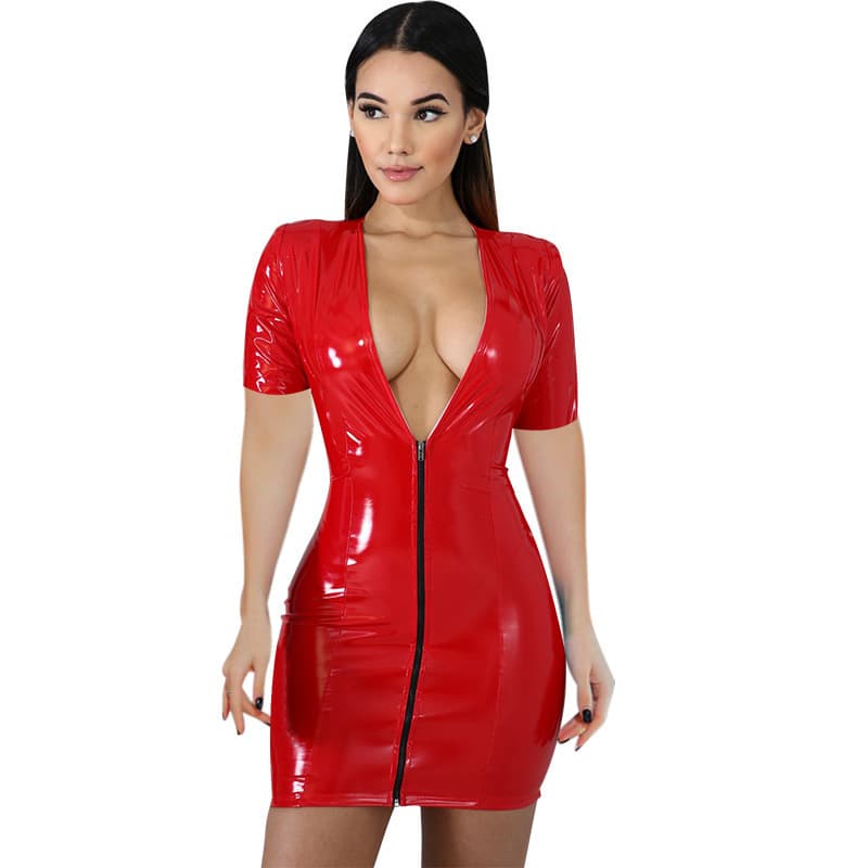 Women's Colorful Leather Dress Zipper PU High Elastic Deep V Neck Short Dress Four Sided Stretch Leather Skirt Hip Skirt