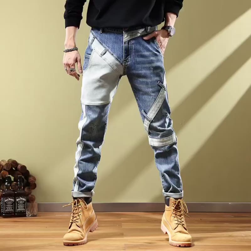 Men's Clothing Autumn And Winter Fashion All-match Jeans For Men, Slim-fitting Skinny Elastic Trousers For Men, Patchwork Holes, Blue