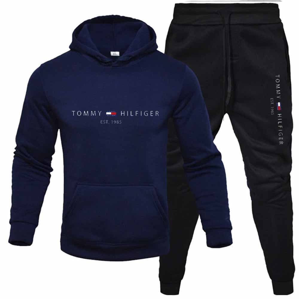 PQ Automne Hiver Hommes Pull Plus Polaire À Capuche Costume Imprimé Couleur Unie Pull Sport Ensemble 2 Pièces