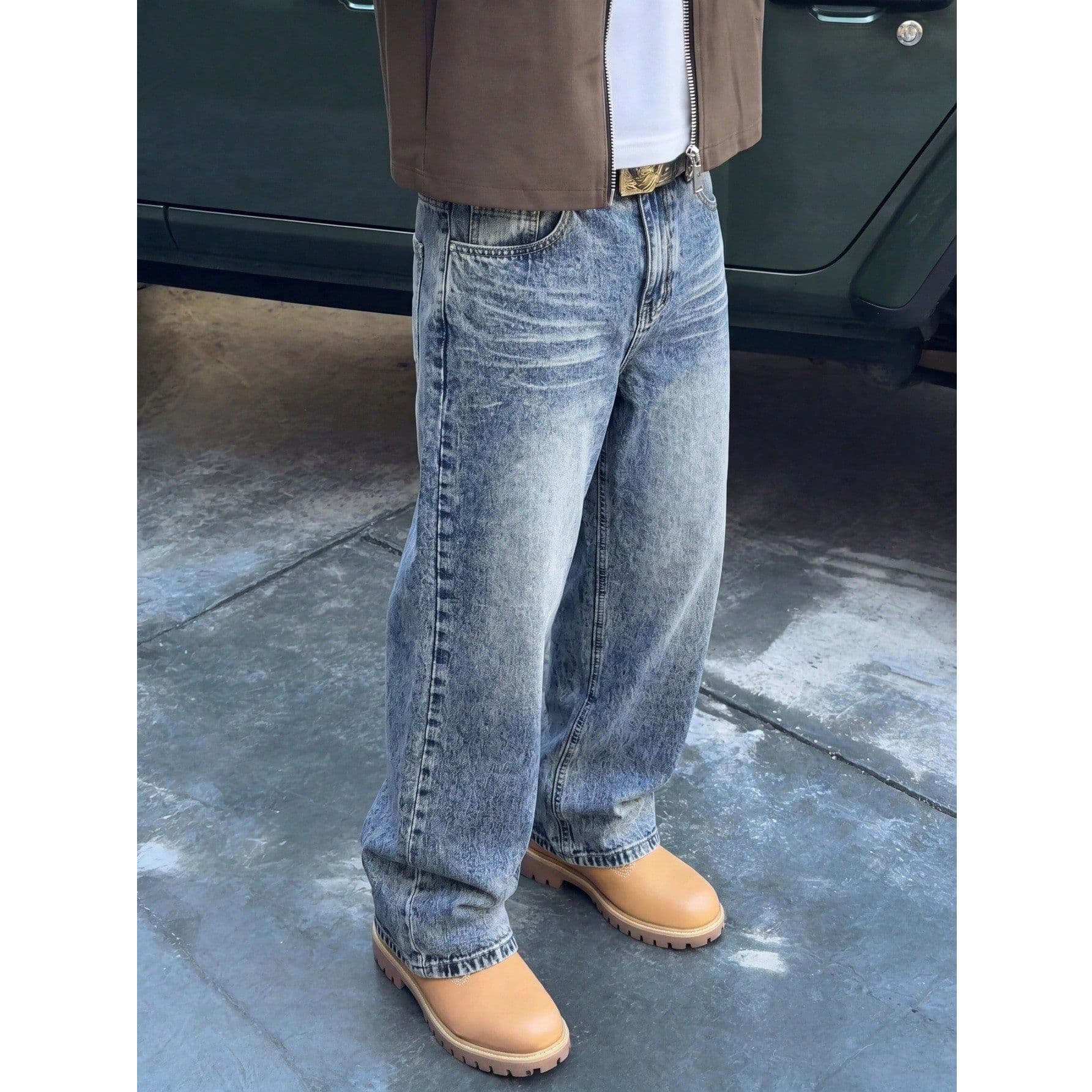 Men's American Style Whiskered Washed Blue Jeans Loose Fit Wide Leg Casual Summer Thin Pants Versatile Denim