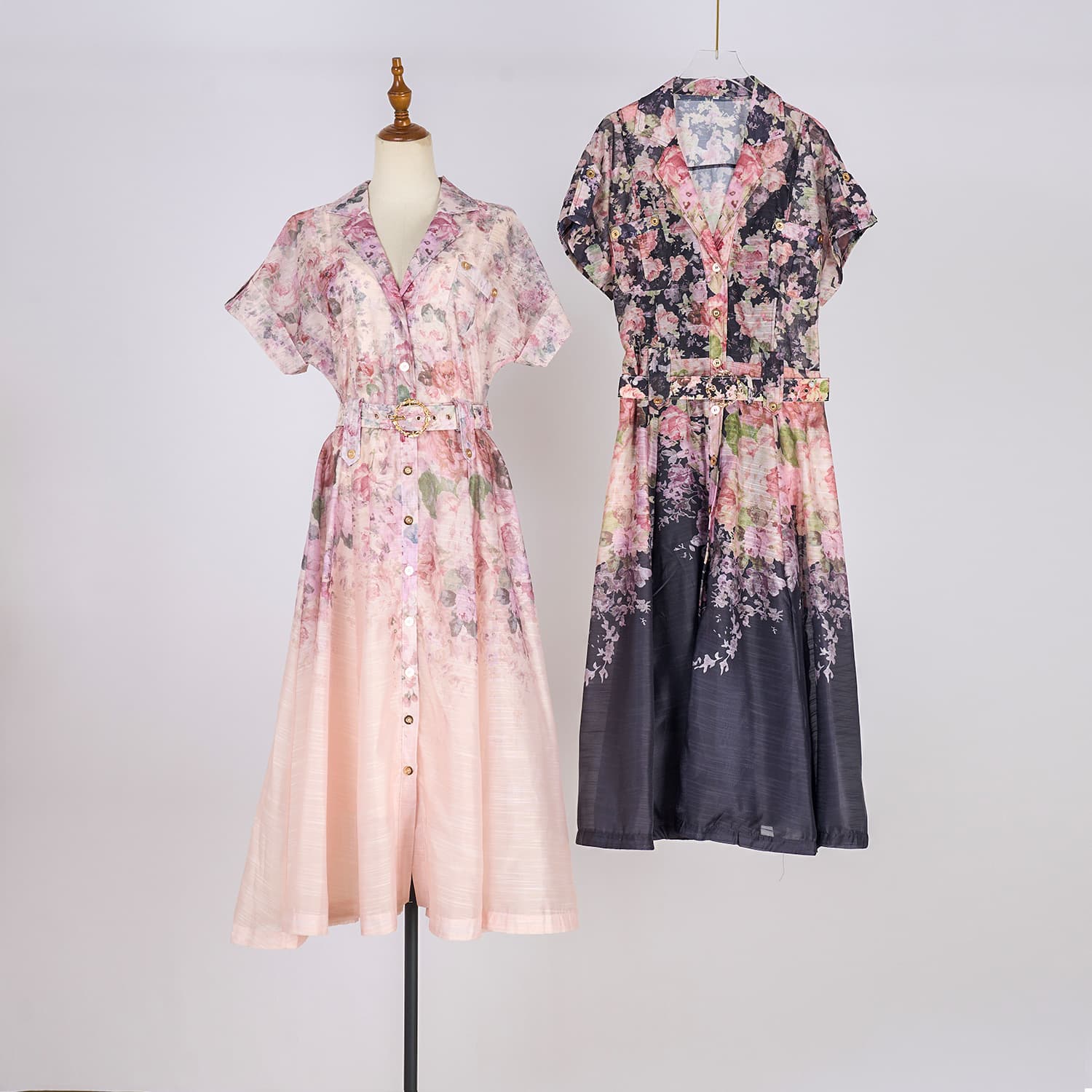 Women's Clothing Button Silk Linen Two Piece Dress Retro Elegant Palace Style Long Skirt