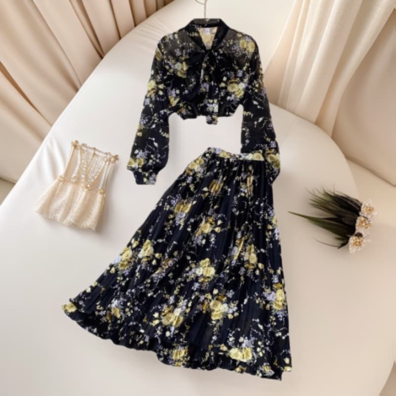 Women's Floral Chiffon Blouse And High-Waisted Pleated Skirt Set Spring Outfit Loose Two-Piece Fairy Theme With Bow Tie