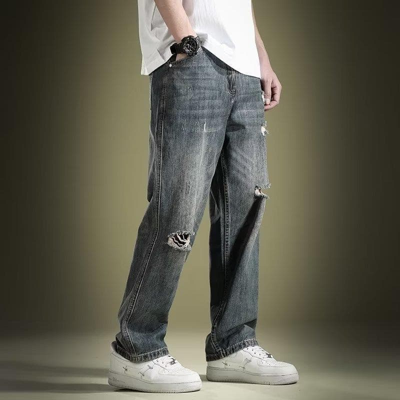 Spring Knee Ripped High Street Jeans Men's Trend Brand Loose Retro Daddy Straight Wide Leg Pants Beggar Men's Pants
