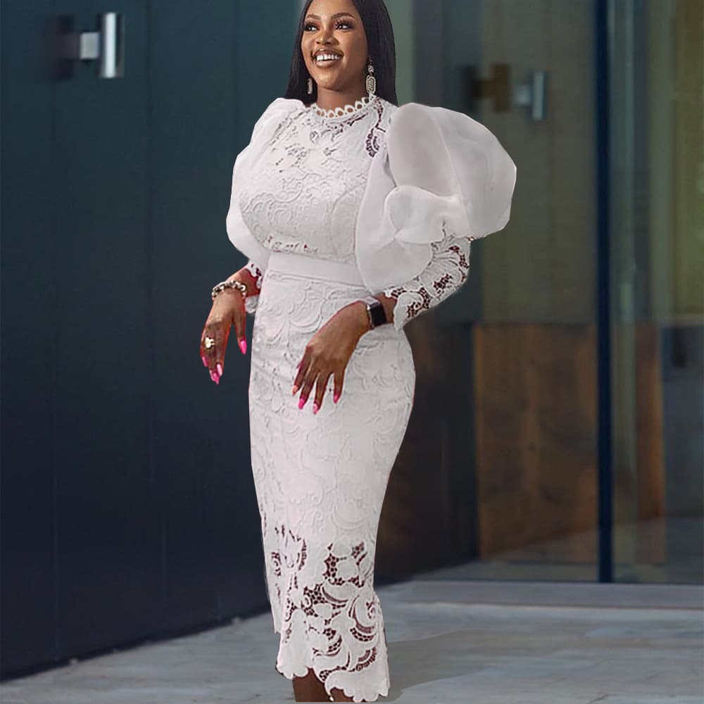 Women's dress Crew neck lace see-through puffy sleeves seven-point sleeved slim-fit party dress for women
