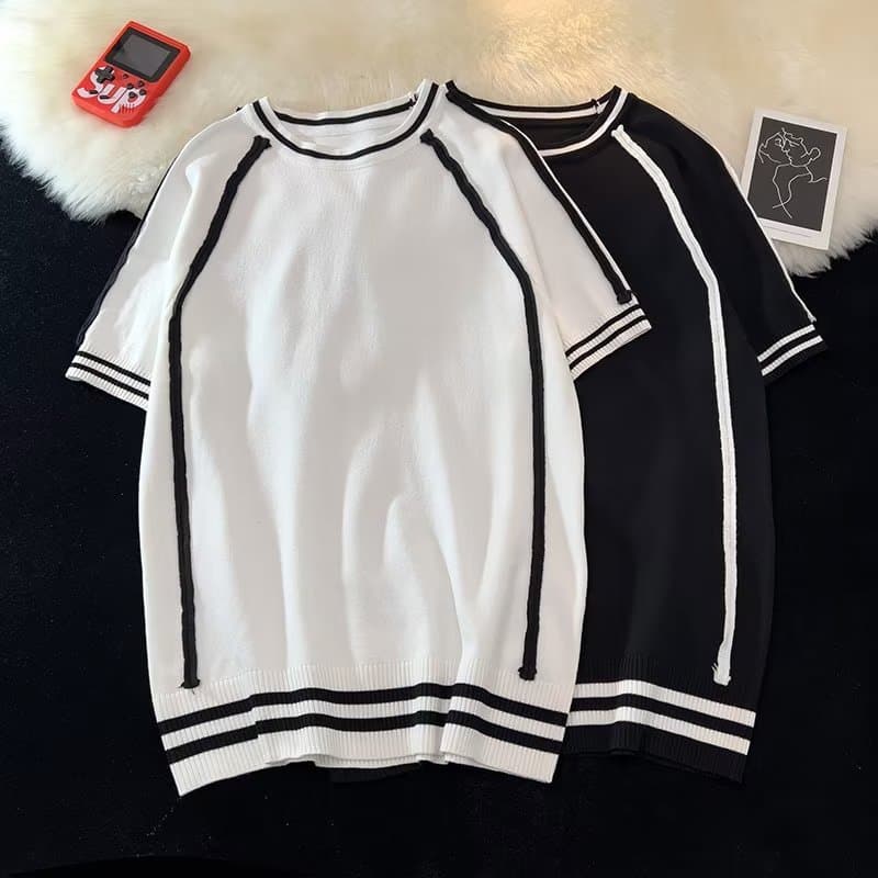 Men's Clothing Striped high end knitted short sleeved T shirt for men and women, new summer style, fashionable and versatile casual ice silk top