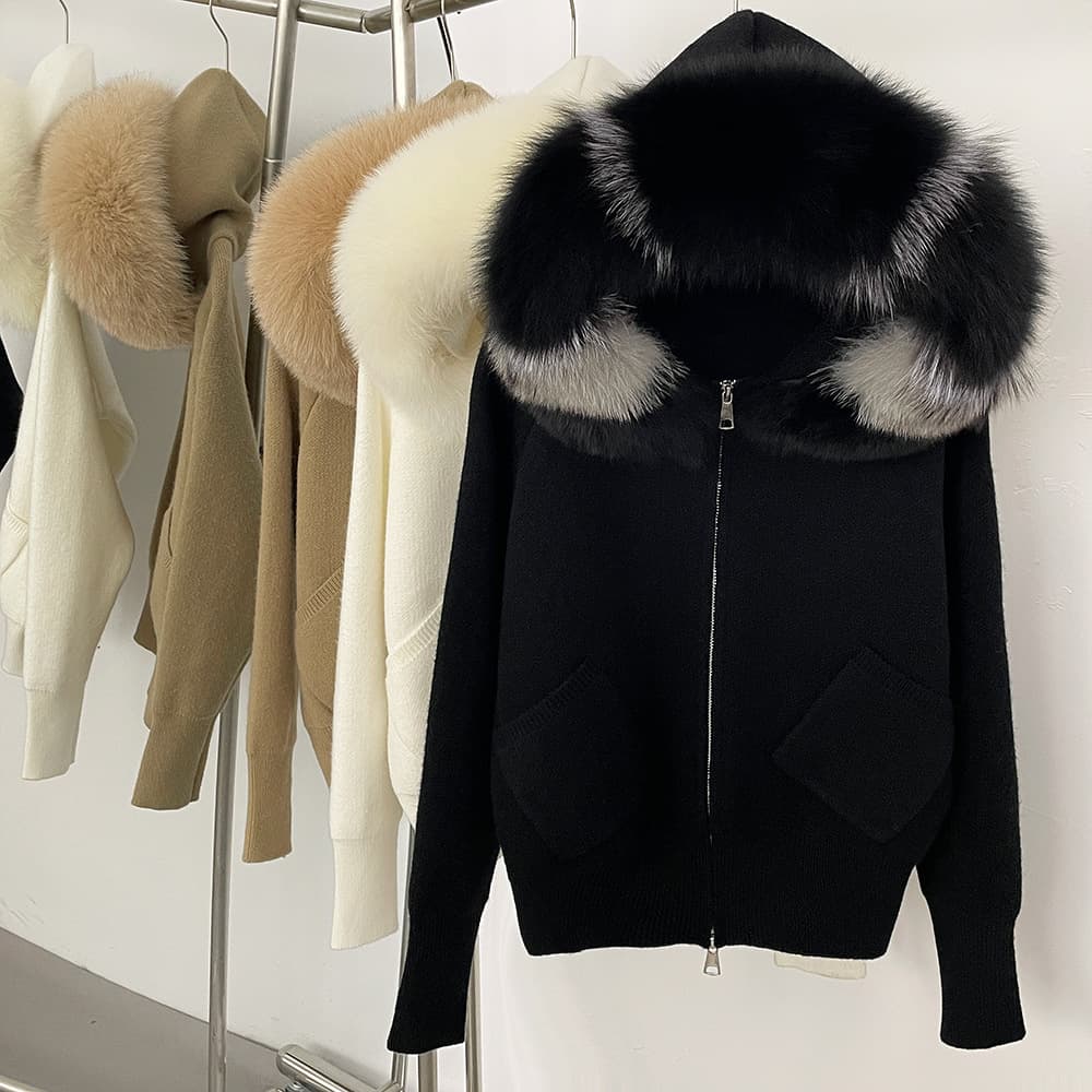 Cardigan en tricot pour femme avec capuche amovible en fourrure de renard - Pull d'hiver douillet, grosse maille torsadée, coupe oversize, décontracté et élégant