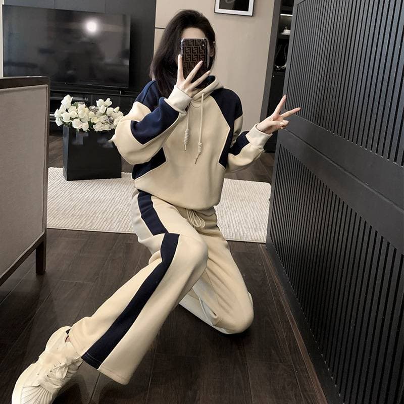 Women's Clothing Autumn Fashionable Stylish Color Matching Hooded Sweatshirt High Waist Straight Pants Two Piece Suit
