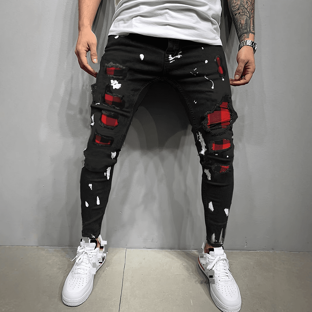 Men's Slim Fit Ripped Pants New Men's Paint Patch Jeans