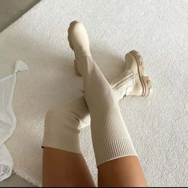 women's long boots thick sole round toe knitted boots over the knee women's boots