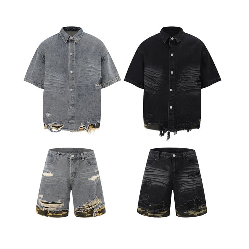 Tide Brand Cut Edge Splicing Leopard Print Denim Short-sleeved Men's Casual Five-point Denim Clothes Loose Half-sleeved Japanese Denim Shorts
