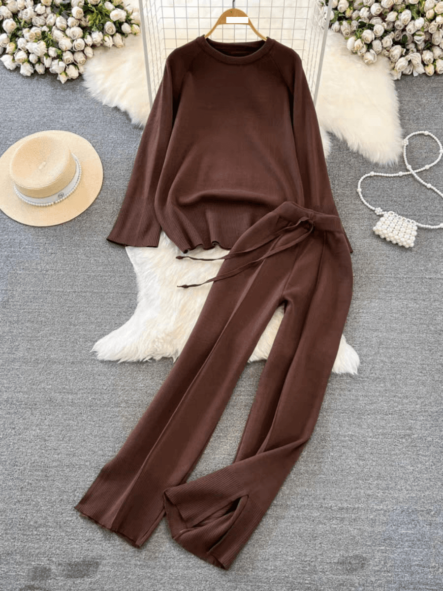 Women's Clothing Fashion suit Korean style, long sleeved, round neck, loose knitted sweater, two piece suit, high waist, straight leg wide leg pants