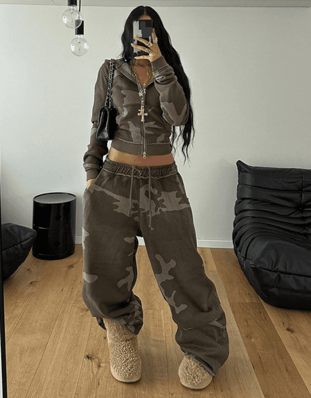 Women's Clothing camouflage contrast color hooded zipper sweatshirt + loose large version sweatpants casual two piece suit