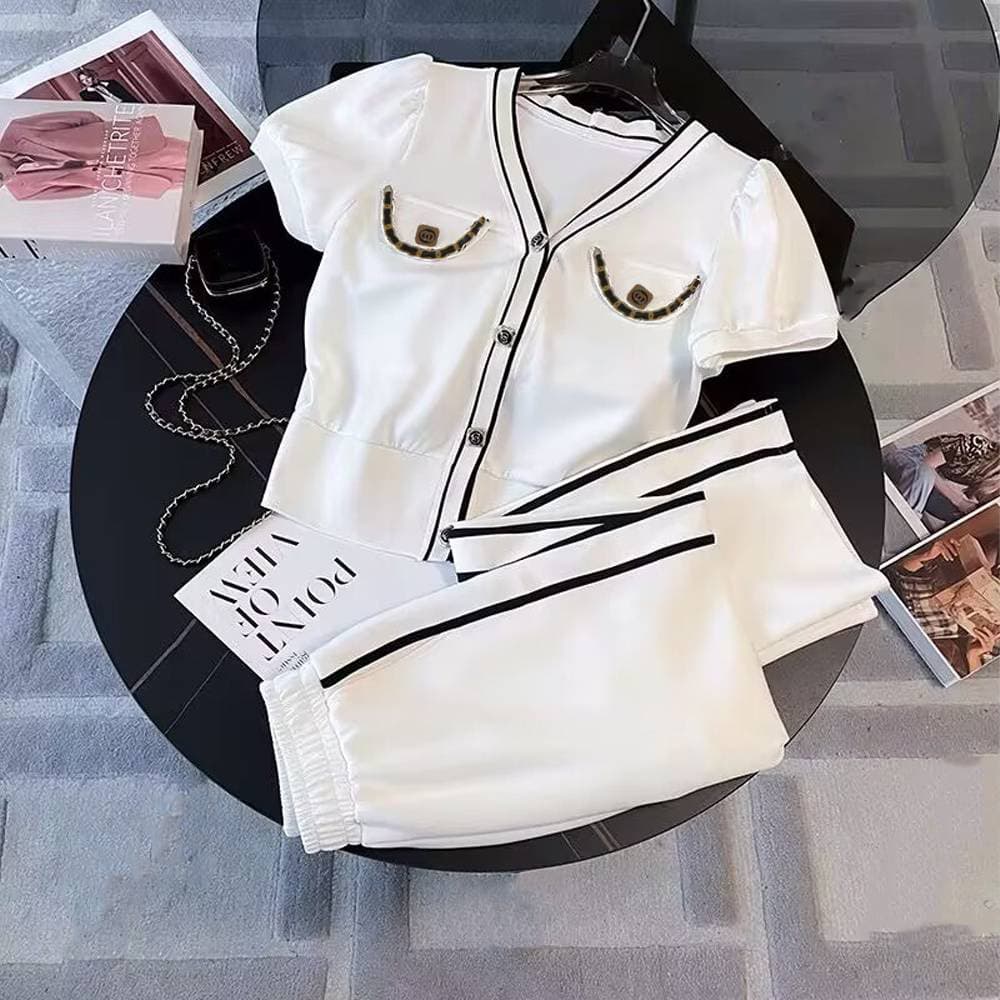 Women's 2024 summer new salt series age-reducing cardigan short-sleeved wide-leg pants two-piece suit