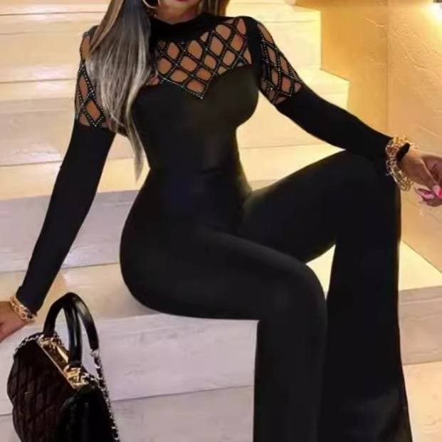 Women's Clothing Fashion Splicing Sexy Diamond Mesh Waist Slim Fit Micro Flared Jumpsuit