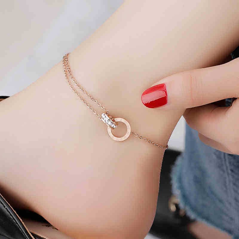 Stainless Steel Fashion High-end Jewelry Embedded Zircon Round Roman Numerals Ankle Ornaments Charm Chain Anklet For Women