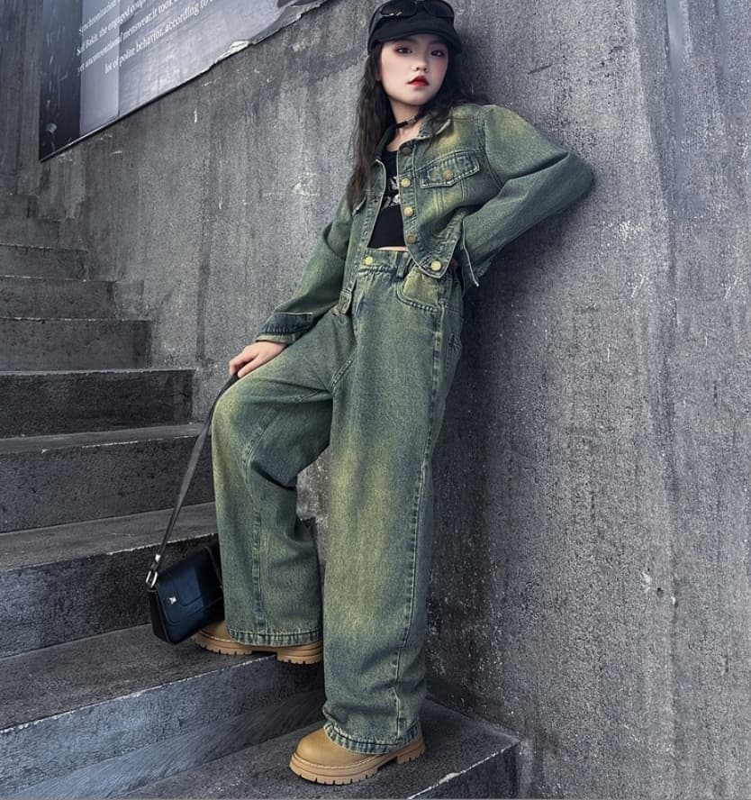 Mother & Kids Girls Autumn Denim Suits 2024 New Style Big Kids Fashionable Retro Jeans Children Spring And Autumn Fashionable Jacket