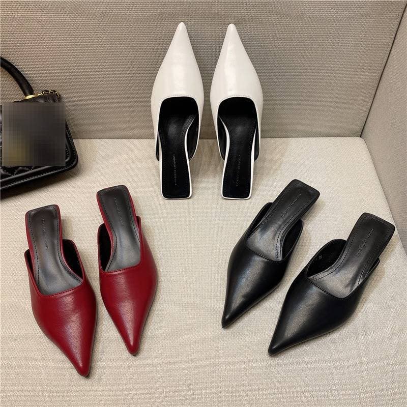 Elegant Pointed-Toe Kitten Heel Mule Slippers For Women - Soft Leather Slip-On Sandals With Comfortable Rubber Sole​