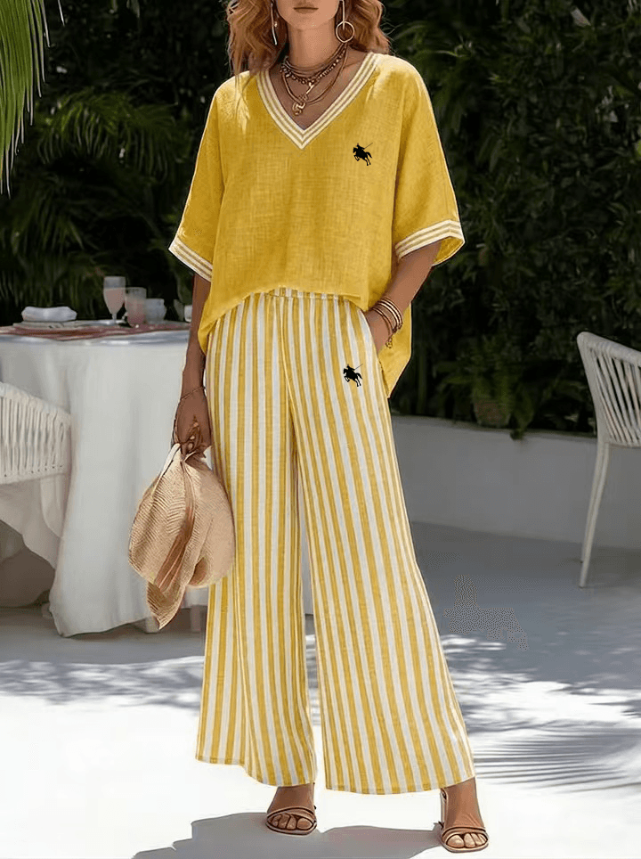 ​​Women's V-Neck Striped Wide-Leg Set - European Style Linen-Like Two-Piece​​