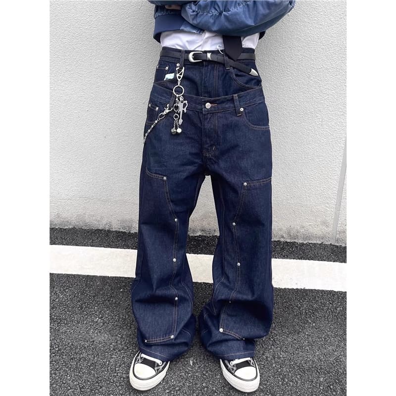 Men's Clothing Retro Studded Double Waisted Jeans, Unisex Loose Fitting Baggy Straight Leg Wide Leg Casual Logging Pants