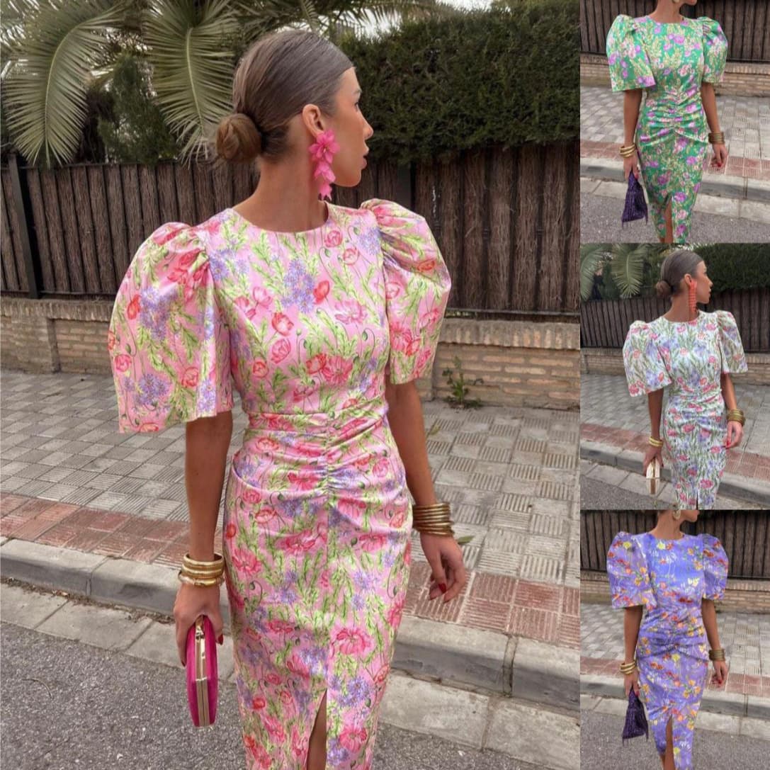 Women's Clothing Printed Casual V Neck Tight Hip Waist Bubble Short Sleeved Dress