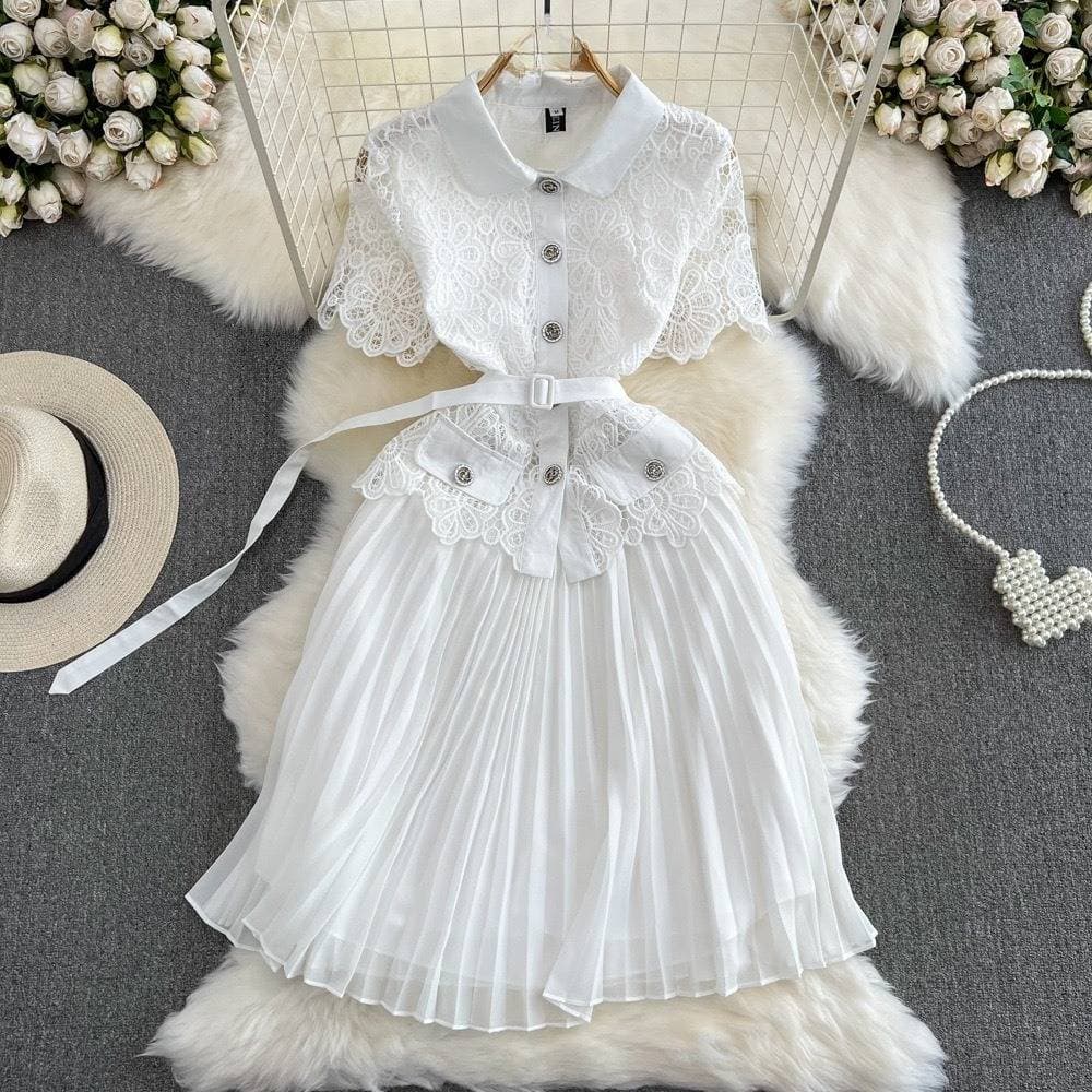Women’s Clothing summer light luxury lady temperament short sleeved lapel lace patchwork waist slim A line pleated dress female