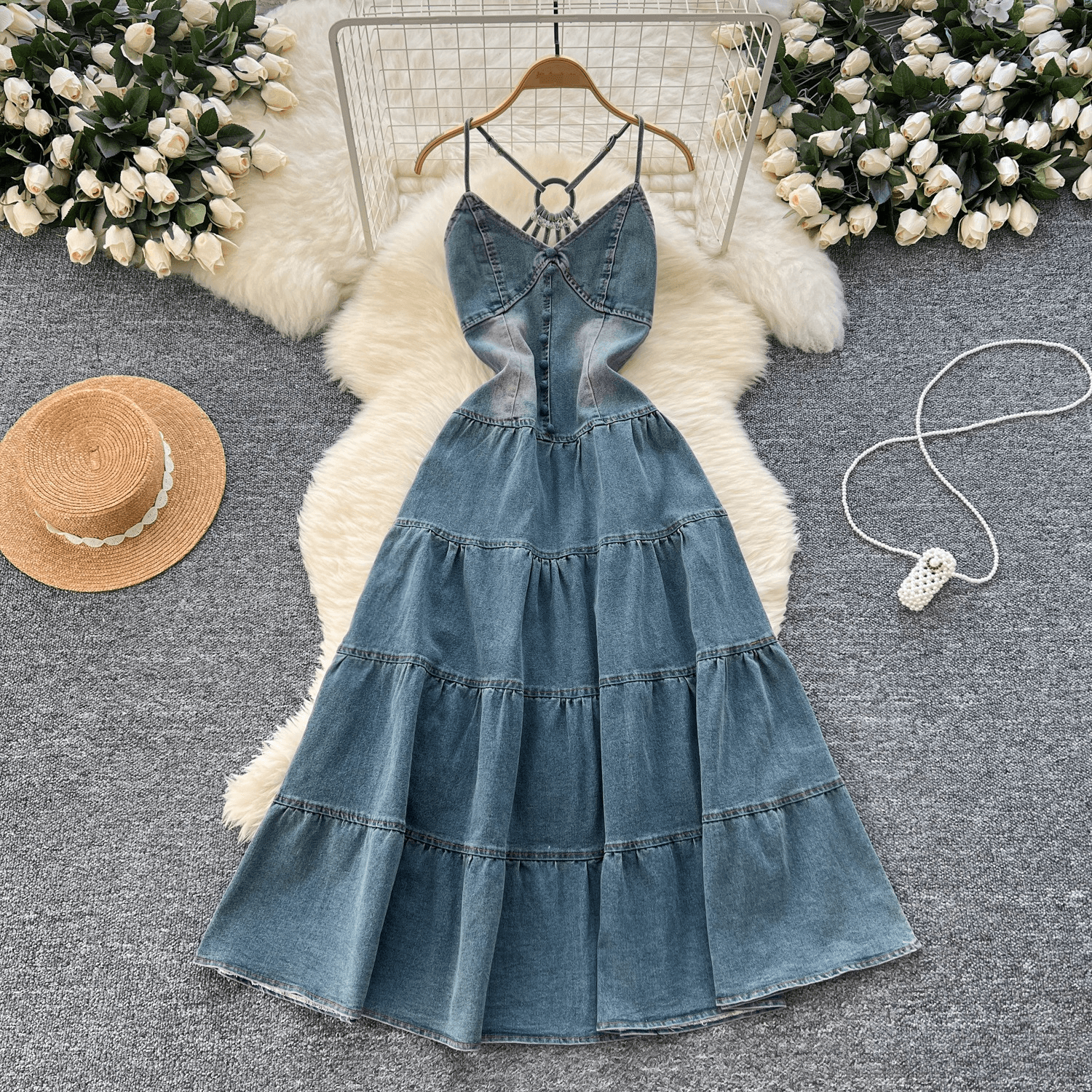 Women's Clothing Niche High-end Hollow Backless Sling Bow Strap Tight Waist Slimming Denim Dress Women