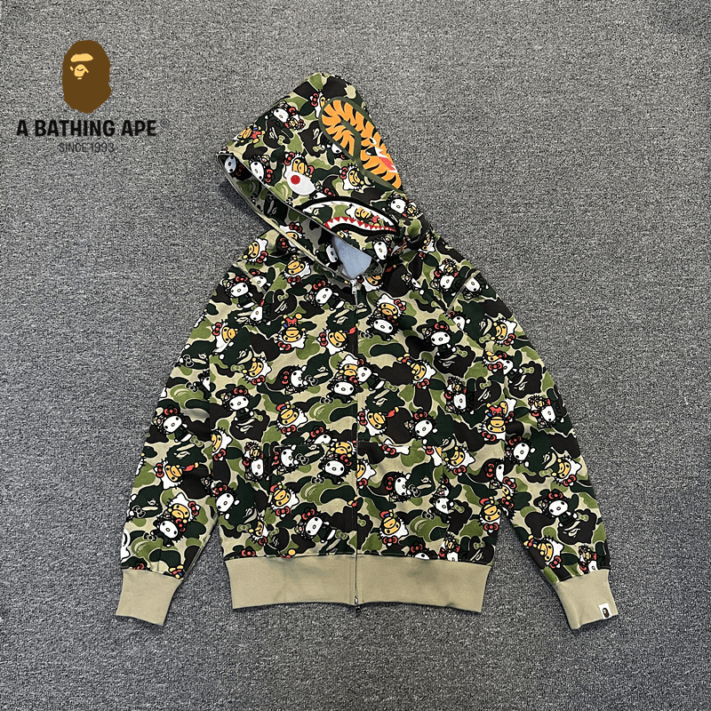 A BATHING APE ABC CAMO High Quality Pure Cotton Version BAPExHELLO KITTY Collaboration Hoodie SHARK FULL ZIP HOODIE MENS AND WOMEN