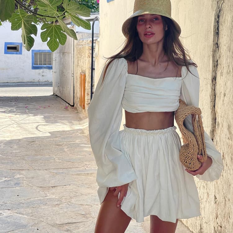Women's Fashion lace-up tube top backless top pleated high waist short skirt two-piece suit