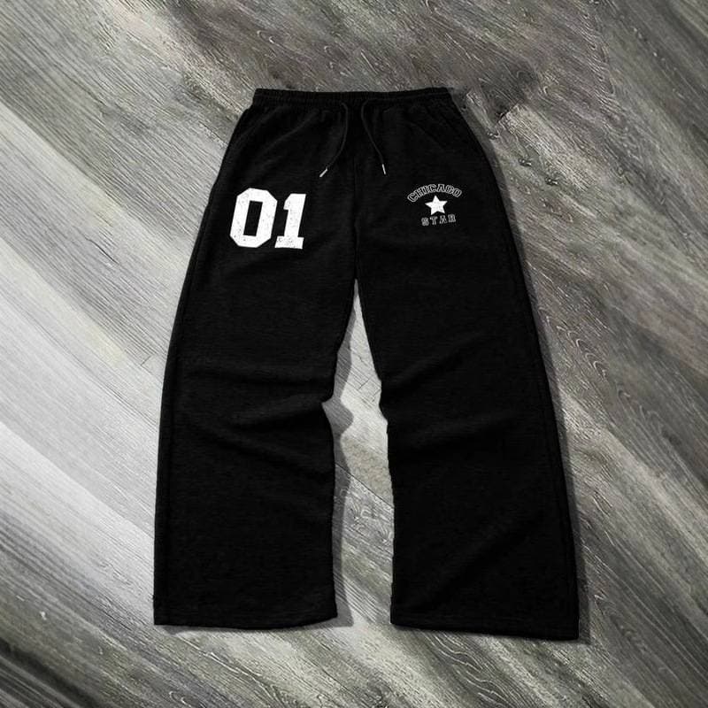 Men's Clothing ​​Gothic Hip-Hop Sweatpants – Foam Print Lettering & Drawstring Waist (Black/Gray)​​