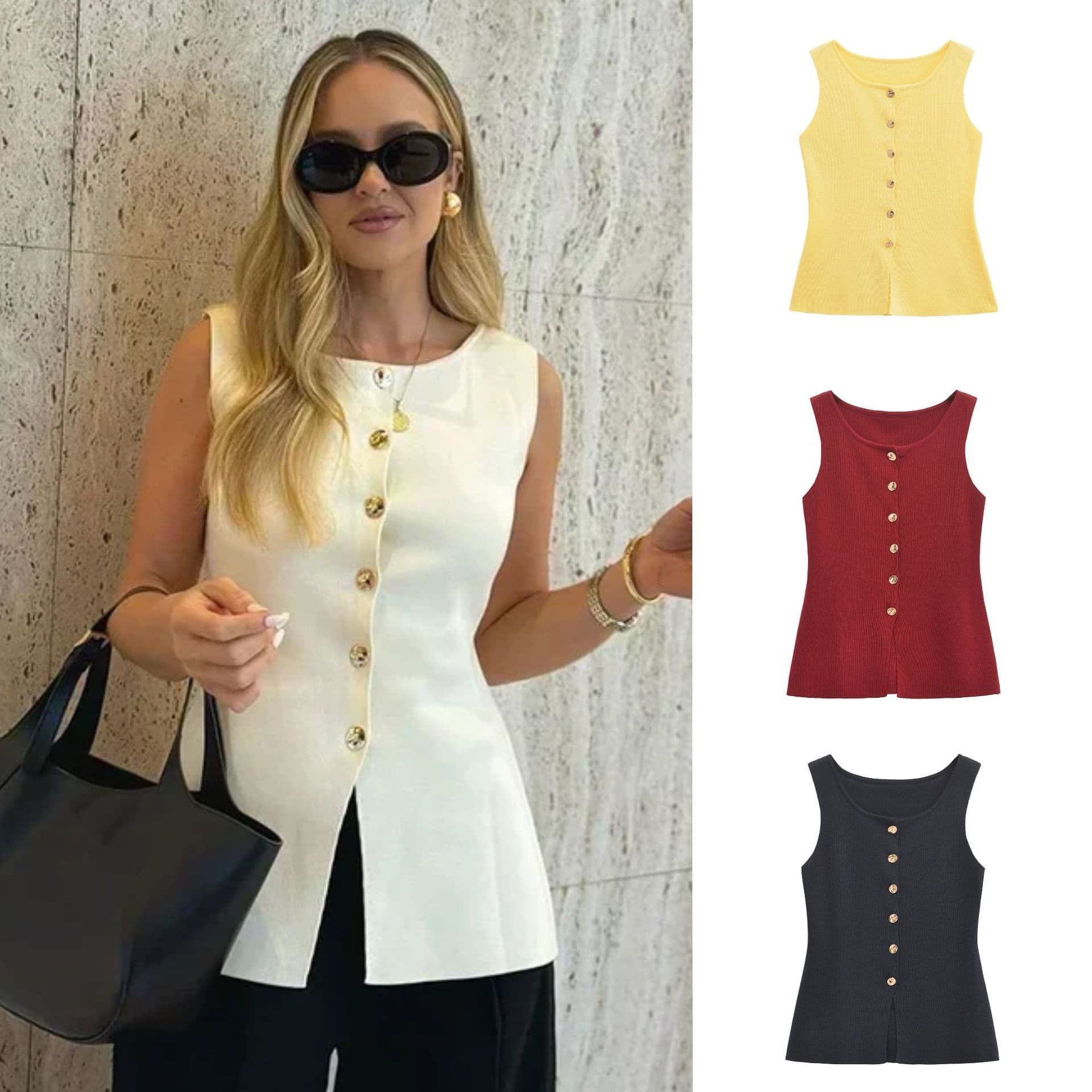 Trendy Knit Vest With Gold Buttons – Versatile Layering Piece For Women (Multiple Colors)
