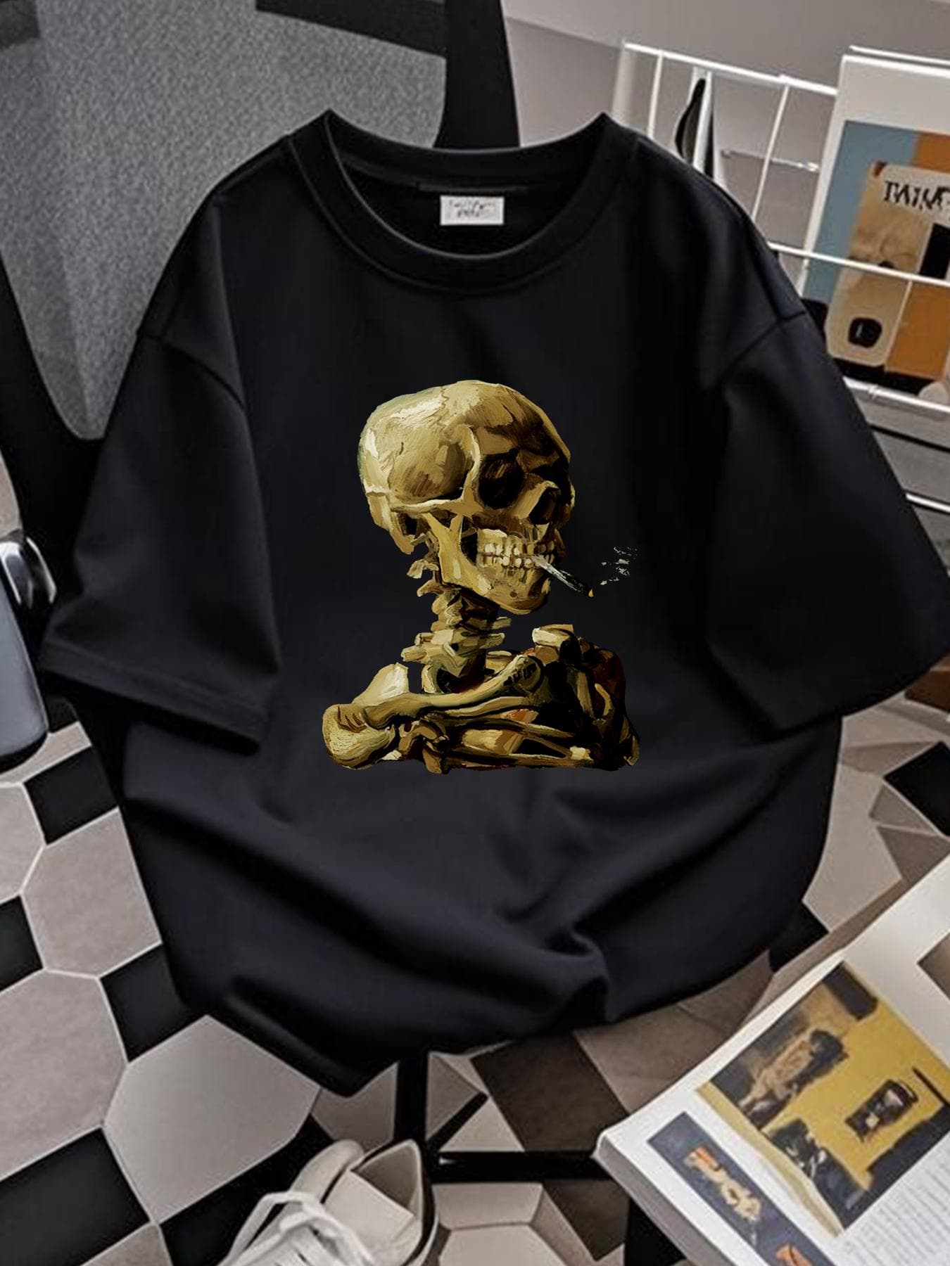 VAN GOGH T Shirt Skull Of A Skeleton With Burning Cigarette Impressionism Art Vincent Versatile Graphic Fashion Comfortable Top For Everyday Wear