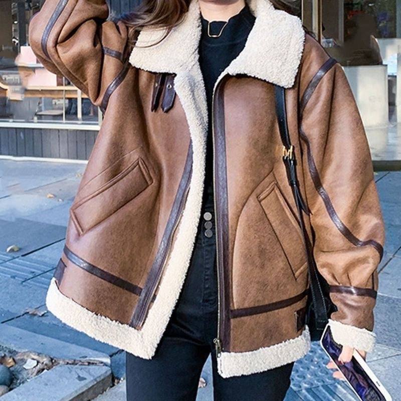 Women's Clothing Lambskin Coat Women Fur And Leather Winter Loose Versatile Stand Collar Motorcycle Clothing