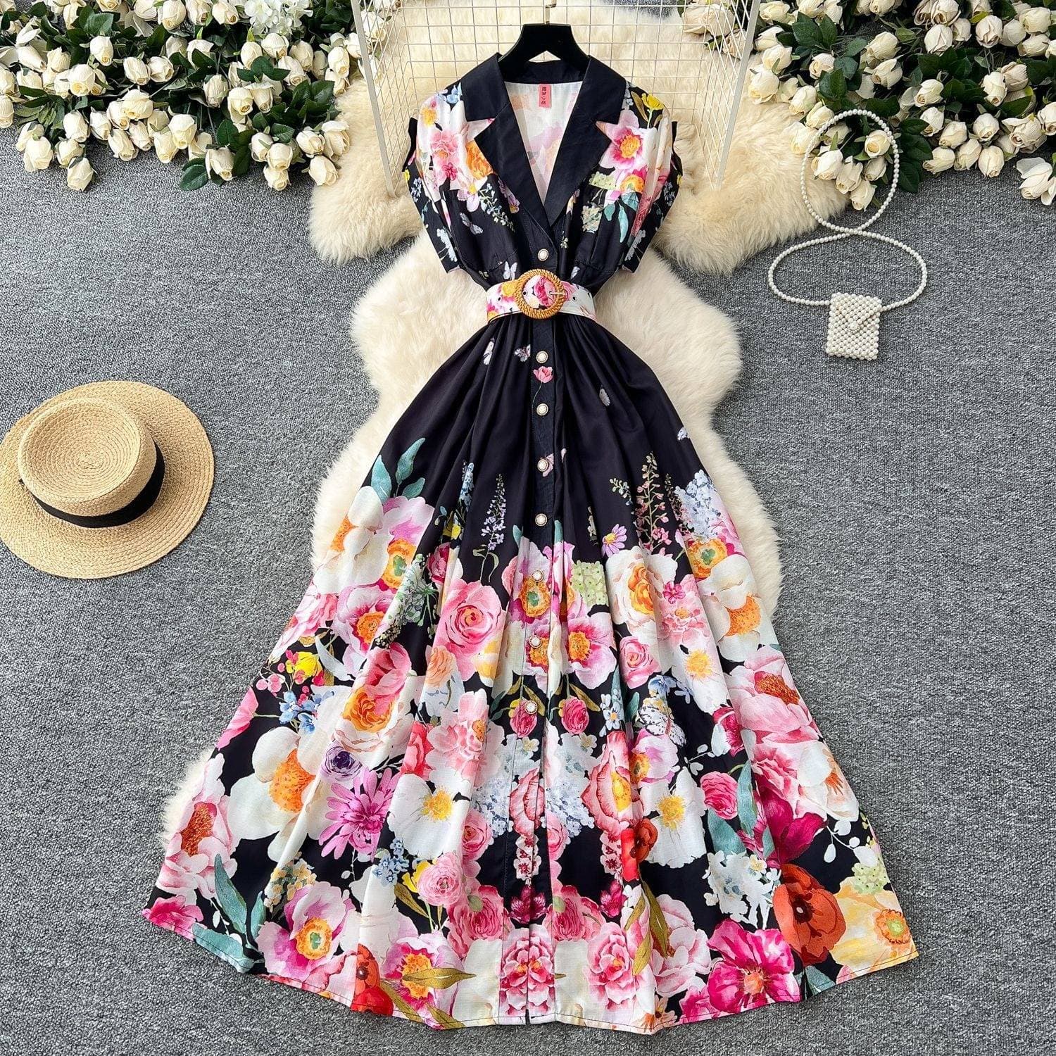 Women's Clothing Spring New Palace Style Retro Collar Dress Female Socialite Waist Single-Breasted Printed Dress