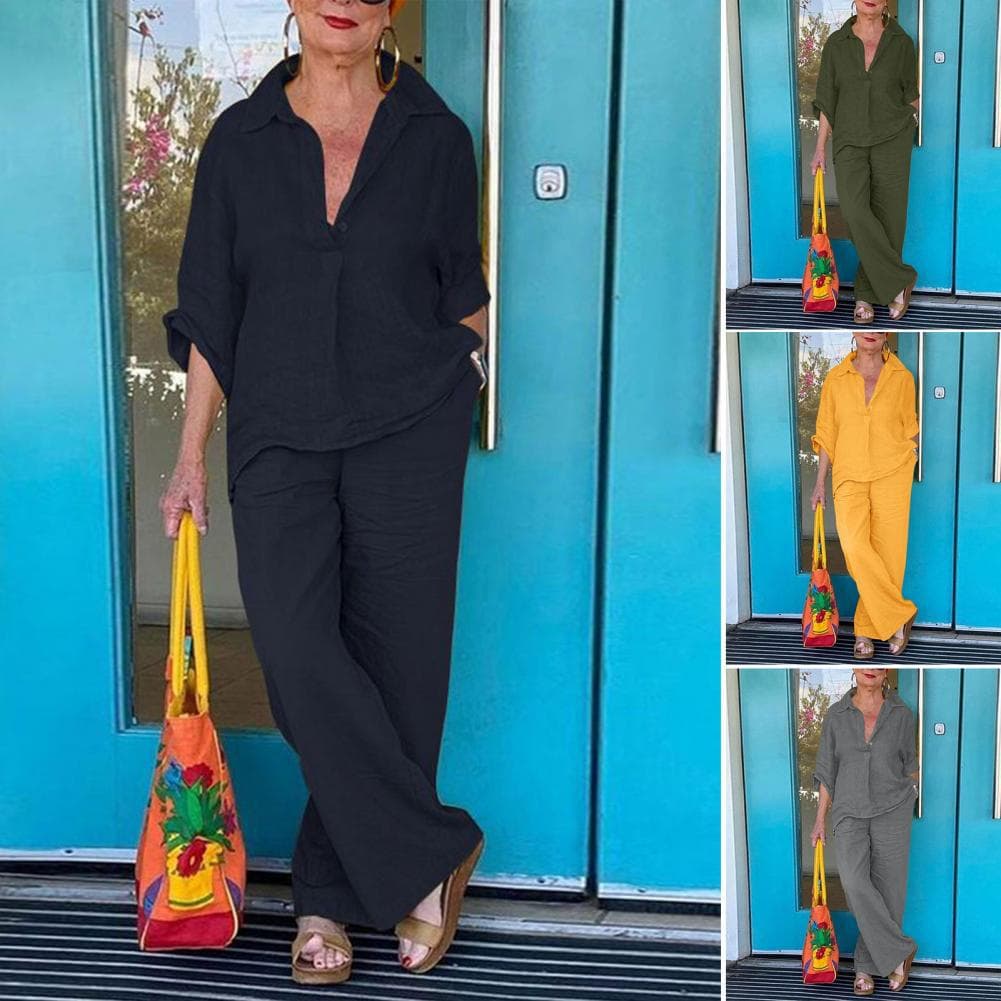 Women's Spring And Summer Cotton And Linen Mid-Sleeve Lapel Solid Color Shirt Wide-Leg Pants Two-Piece Set