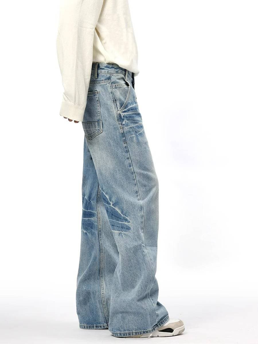 Men's Clothing American Retro High Street Lightning Cracked Jeans Niche Straight Flared Casual Trousers