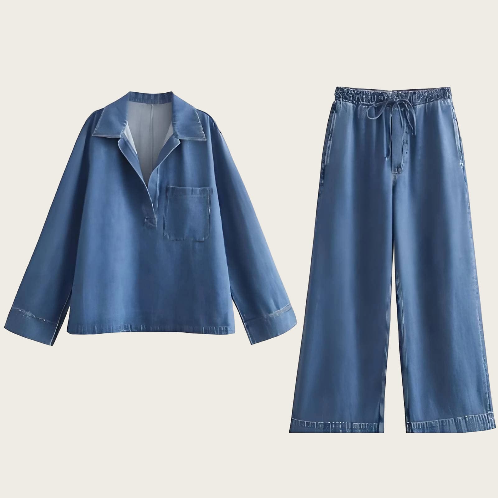 ​Oversized Denim Shirt & Pants Set – Trendy Long-Sleeve Button-Up Top With Matching Trousers (XS/S/M/L, Washed Polyester, Relaxed Fit)​