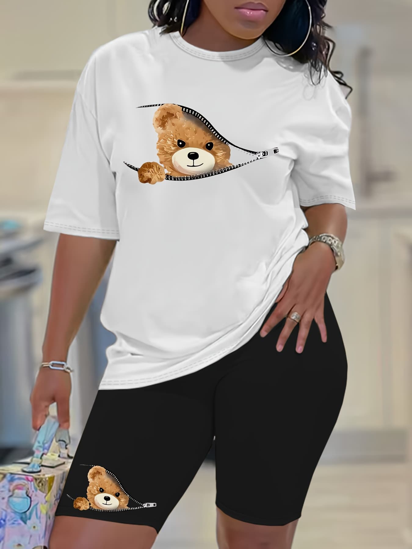 Summer Women's Casual And Fashionable Teddy Bear Graphic Printed Loose T-shirt Shorts Two-piece Sportswear Suitable For Daily Wear-146