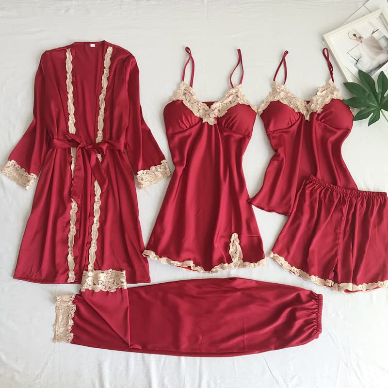 Women's Sleepwears Silk Pajamas, Five Piece Sexy Lingerie Set, Sexy Ladies Home Wear With Suspenders Sleeping Clothes