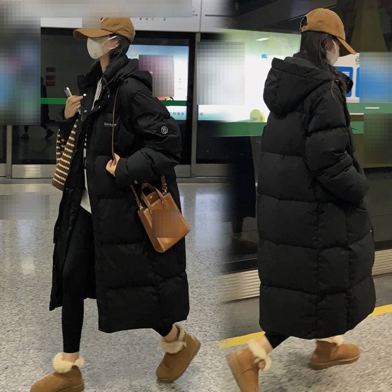 Women's Extra-Long Winter Coat With Polyester Filling, Knee-Length Oversized Hooded Parka, Unisex Loose Fit, Korean Streetwear Style