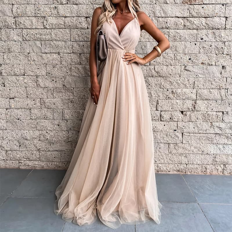 Women's Clothing Autumn Solid Color V-neck Suspender Fashion Temperament Dress Mesh Dress Long Skirt For Women