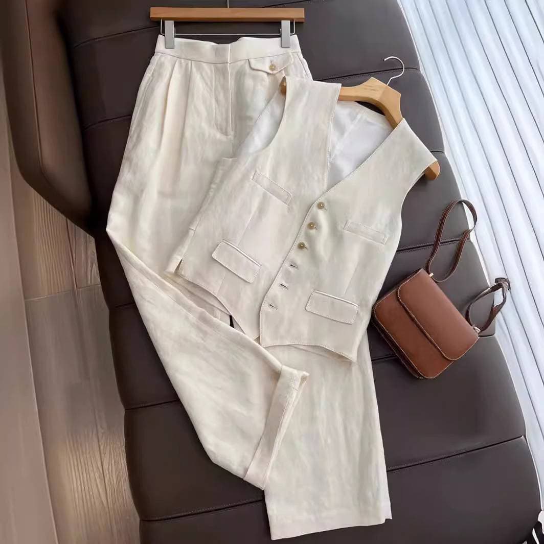 [Cotton Linen] Women's Clothing Temperament Cotton Linen Suit Waistcoat Broadleg Pants Two Sets