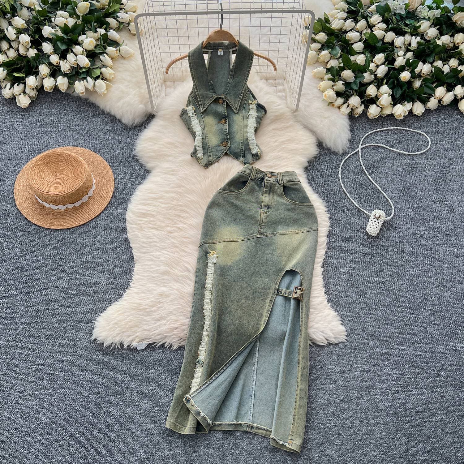 Women's Clothing Retro Washed Distressed Halter Neck Sleeveless Lapel Raw Edge Denim Top Two Piece Set Slit Slim Skirt