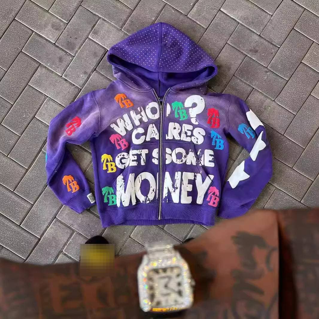 ​Y2K Retro Streetwear Hoodie With Foam Letter Print, Unisex Zip-Up Oversized Sweatshirt, Hip Hop Fashion, 3D Graphic Pullover​