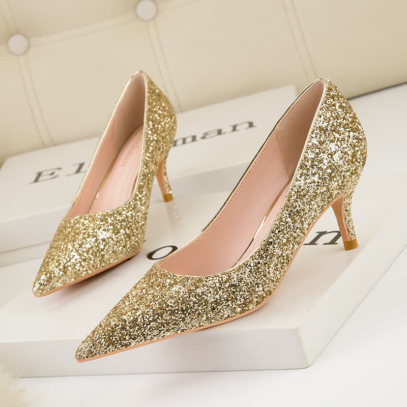 869-7 European and American style fashionable and sexy nightclub slimming stiletto high heels banquet shallow mouth pointed toe shining sequin shoes