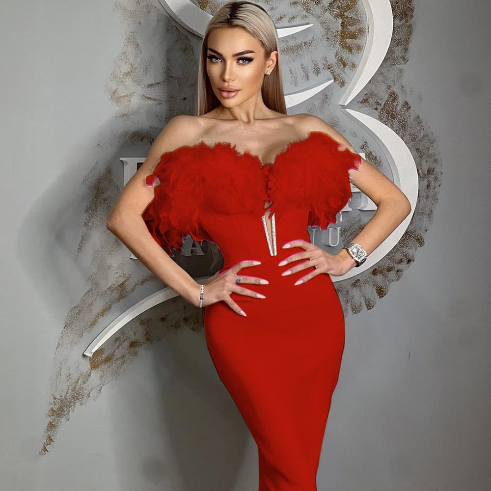 Women's Gentle temperament royal sister tube top deep V feather bandage dress celebrity light luxury high-end niche evening dress banquet