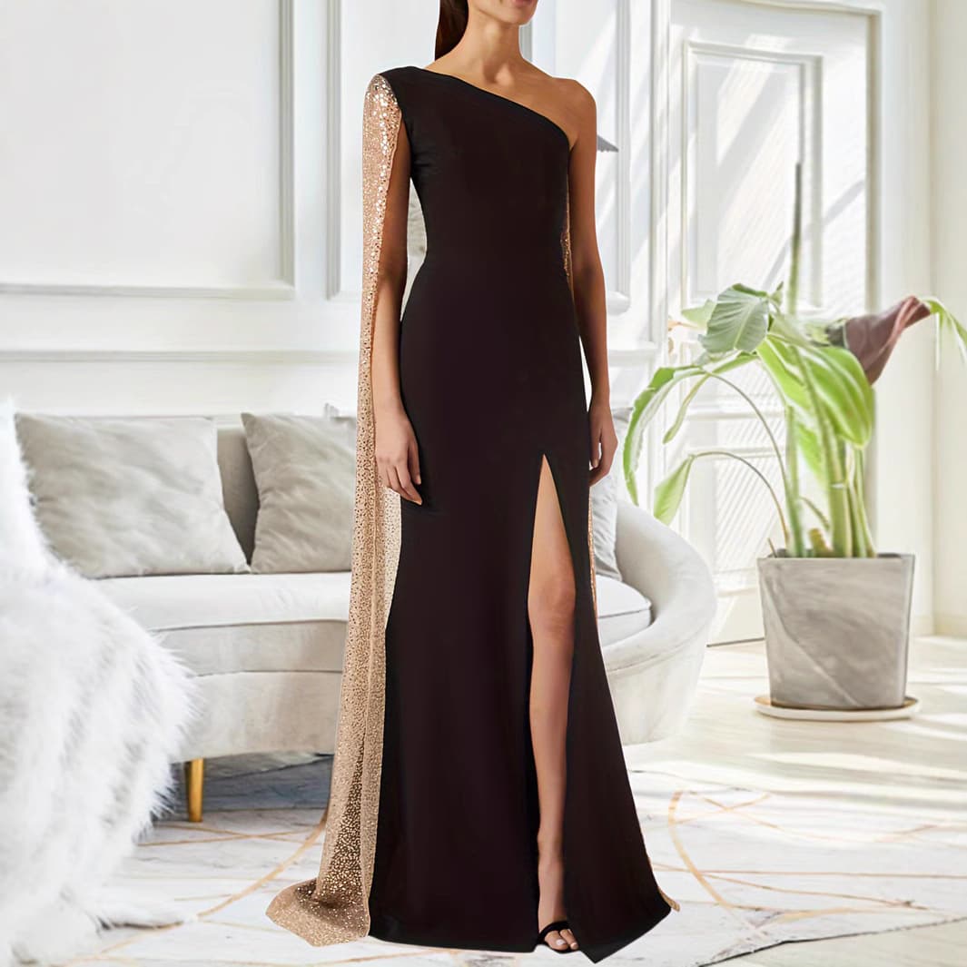 One-Shoulder Evening Gown With Detachable Cape High Slit Black Sequin &Gold-Embellished Formal Dress For Hosts & Performers (Floor-Length With Train)