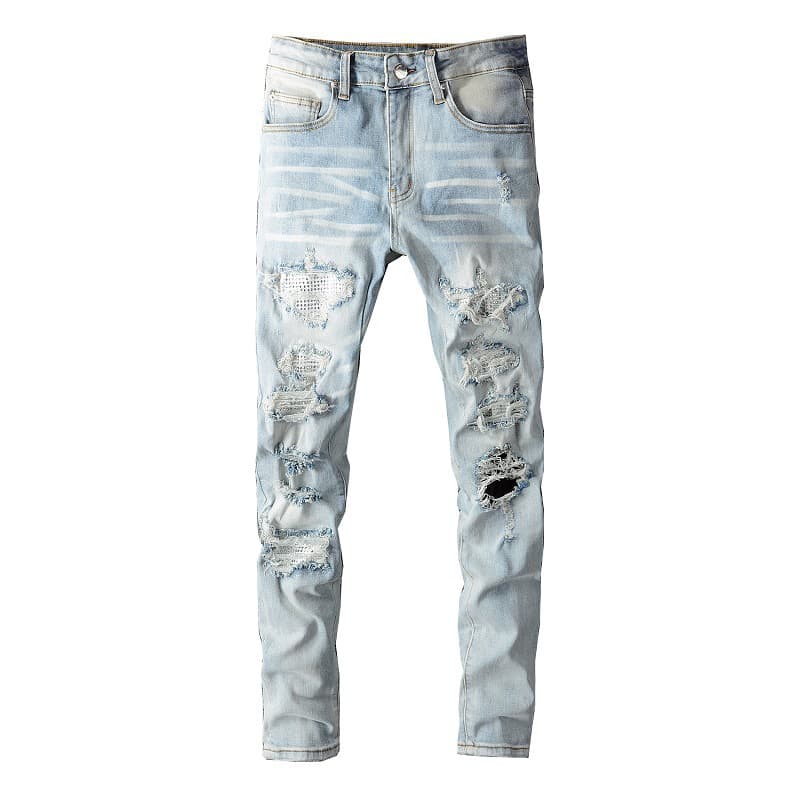 Men's Clothing Ins Same Style Washed Old Hole Cat Whisker Patch Diamond Patch Elastic Slim Fit Skinny Jeans