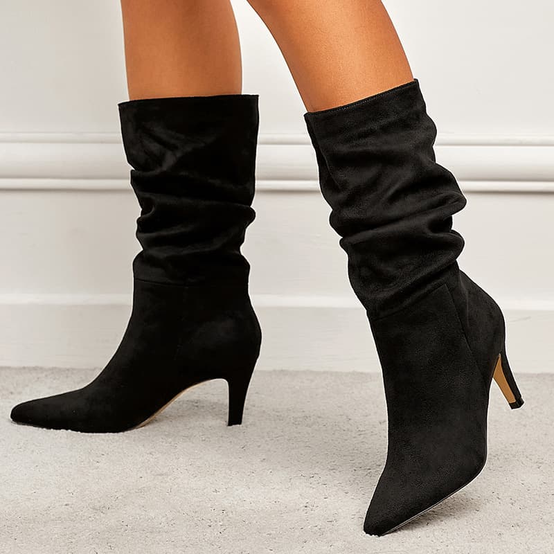 2023 Spring Plus Size Runway Wrinkled Slip-On Suede Stiletto Heel Women's Boots