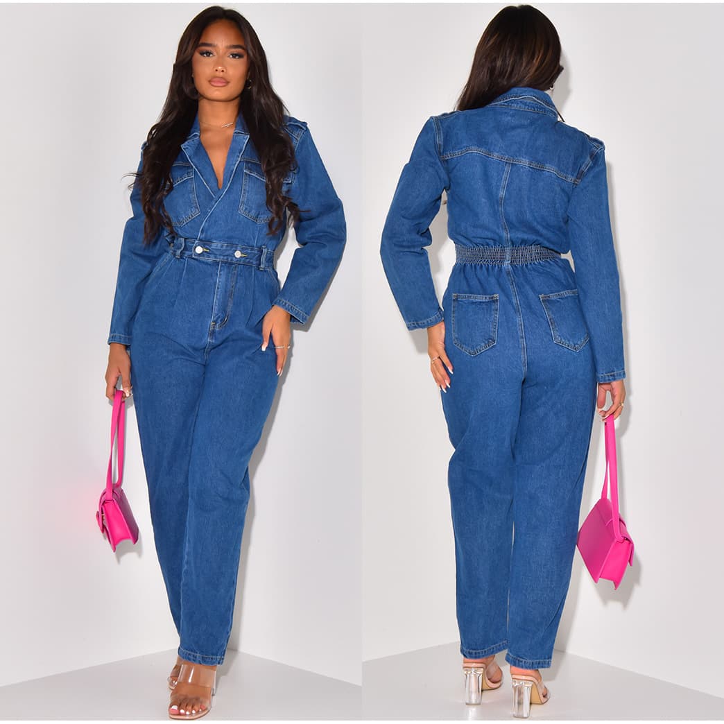 Women's Clothing ins Internet celebrity same style sexy suit collar denim jumpsuit in stock